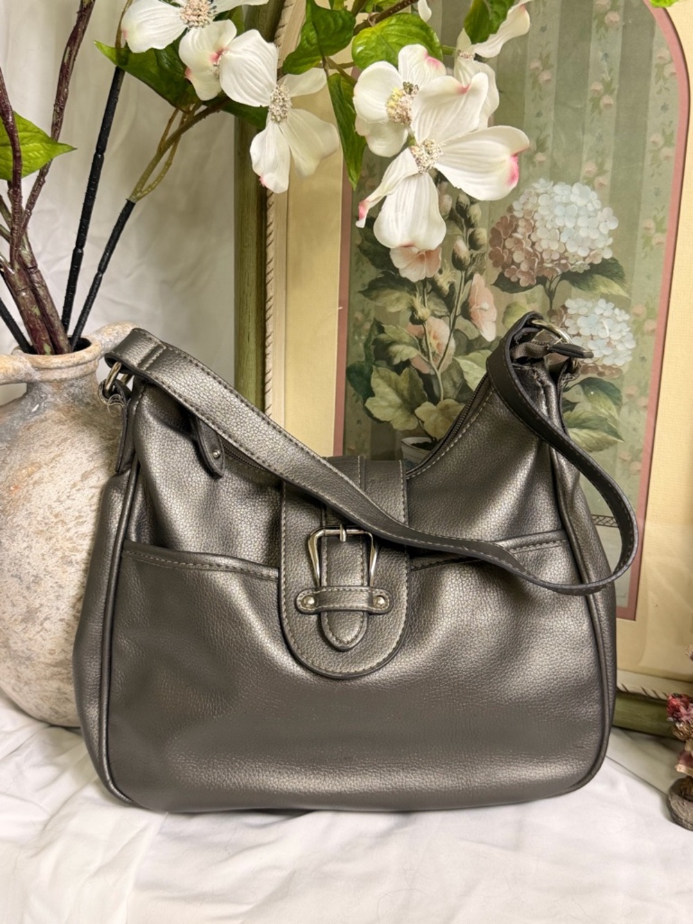 Vintage Croft & Barrow Metallic Gray Shoulder Bag with Buckle Front